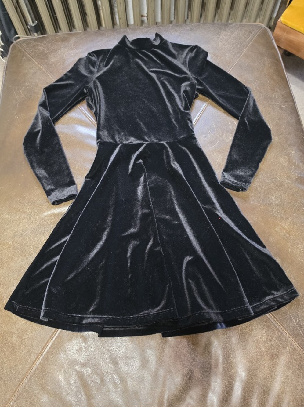 American Apparel Black Velvet Long-Sleeve Open Back Fit & Flare Dress XS